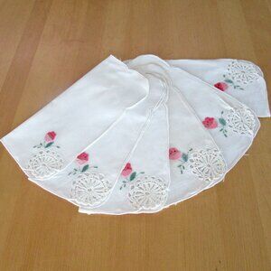 Vintage off white crocheted & hand embroidered luncheon napkins - 10" x 10 1/2"